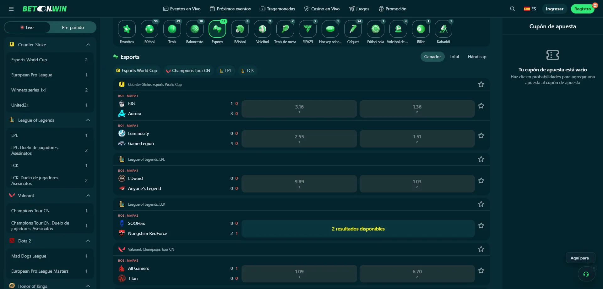 Apuestas deportivas y eSports en BetonWin Casino México